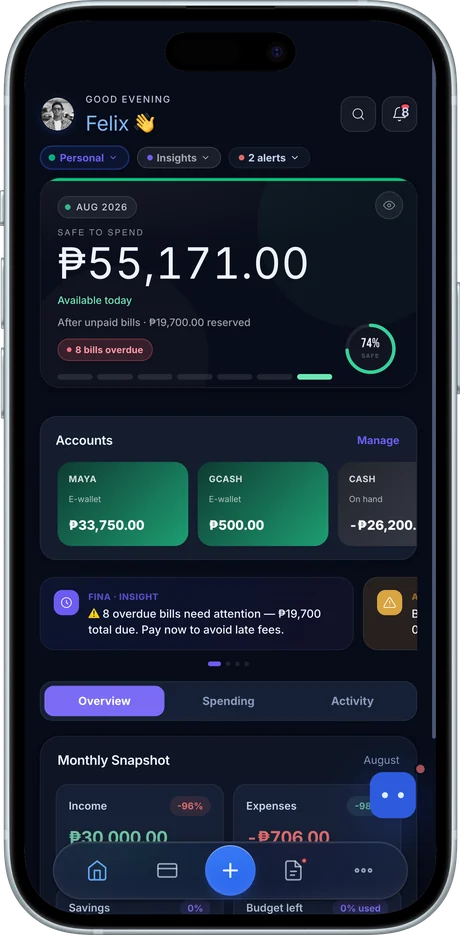 The Fintra app running on a phone: a safe-to-spend balance for August 2026, linked e-wallet accounts, and an AI insight flagging overdue bills.