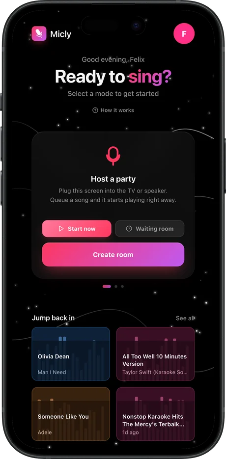 The MICLY karaoke app on a phone: a Host a party screen with Start now, Waiting room and Create room controls, over a list of recently sung tracks.